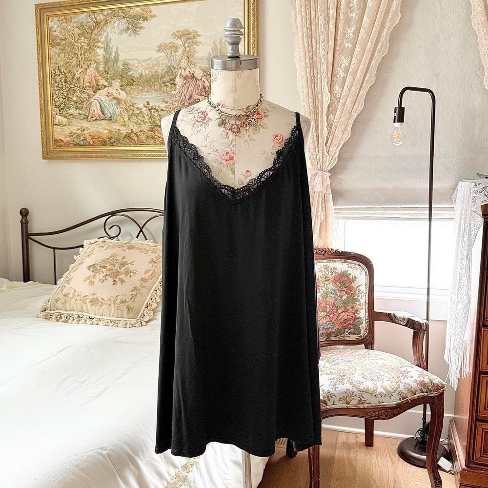 Modern Cacique size 36 Plus black lace trim chemise slip dress